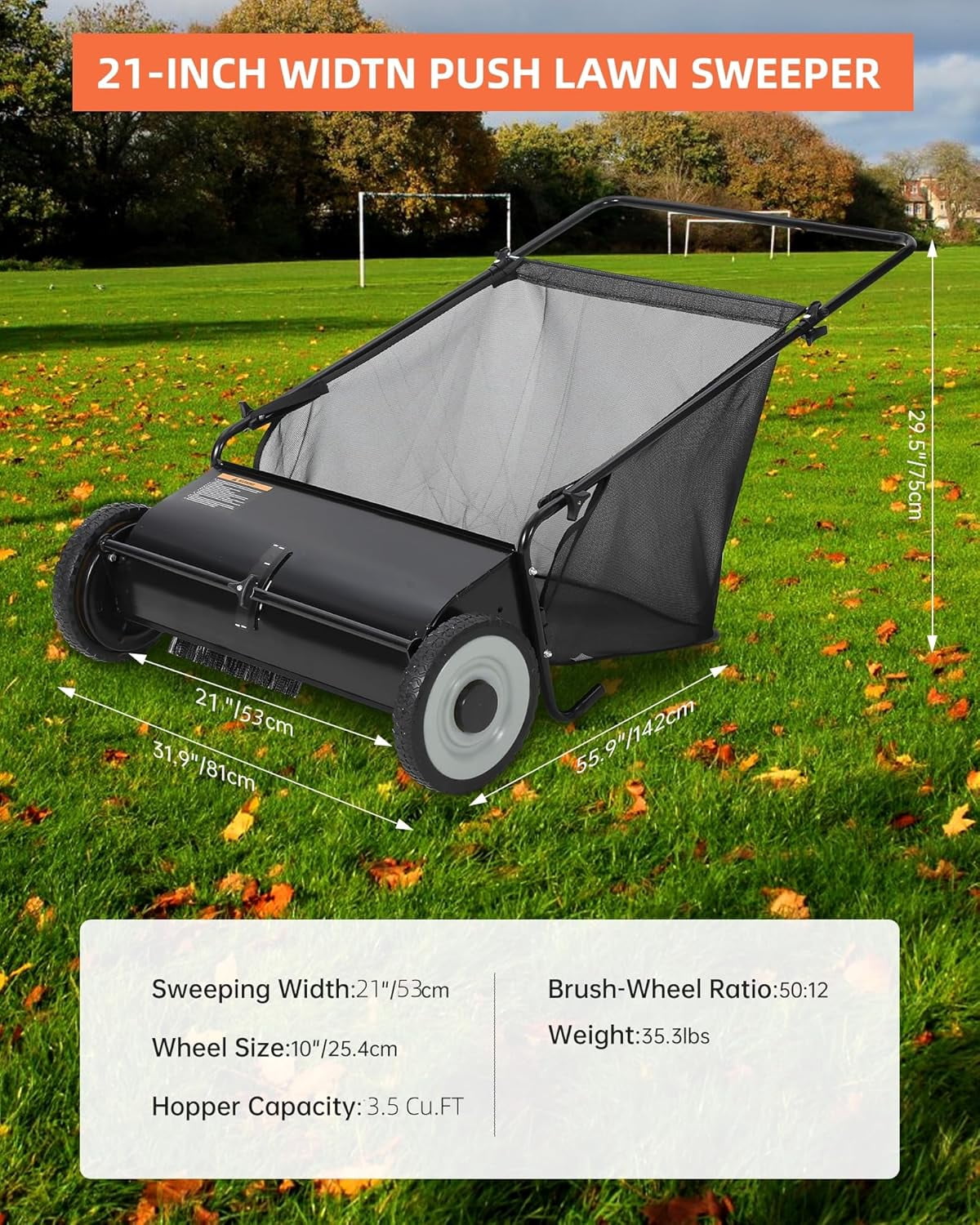 21 Inch Push Lawn Sweeper, 3.5 Cu. Ft. Hopper Capacity Grass Sweeper, Manual Push Yard Sweeper with Height Adjustment & 4 Fast Spinning Brushes for Grass Clippings, Leaves & Debris
