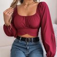 thumbnail image 4 of HAPIMO Women's Fashion Cropped Tops Workout Casual Elegant Clearance Lantern Sleeve Business Tees Outfits Square Neck Pleated Pullovers Slim Chiffon Shirts Vacation Red L, 4 of 7