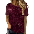 thumbnail image 2 of Laqbezok Women's Shiny Sequin Short Sleeve Top, Pullover Puff Sleeve Patchwork Blouse, Casual Sparkly Party Outfit, 2 of 6