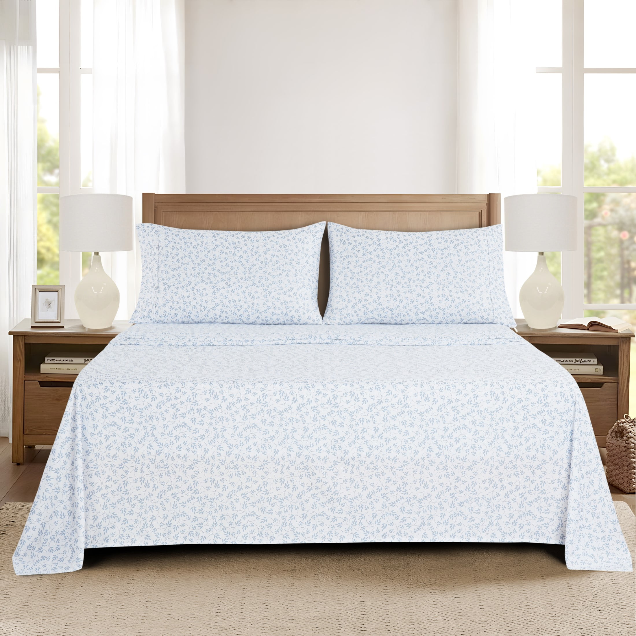Mainstays Super Soft Brushed Microfiber Bed Sheet Set, Light Blue Leaves, King, 4 Piece