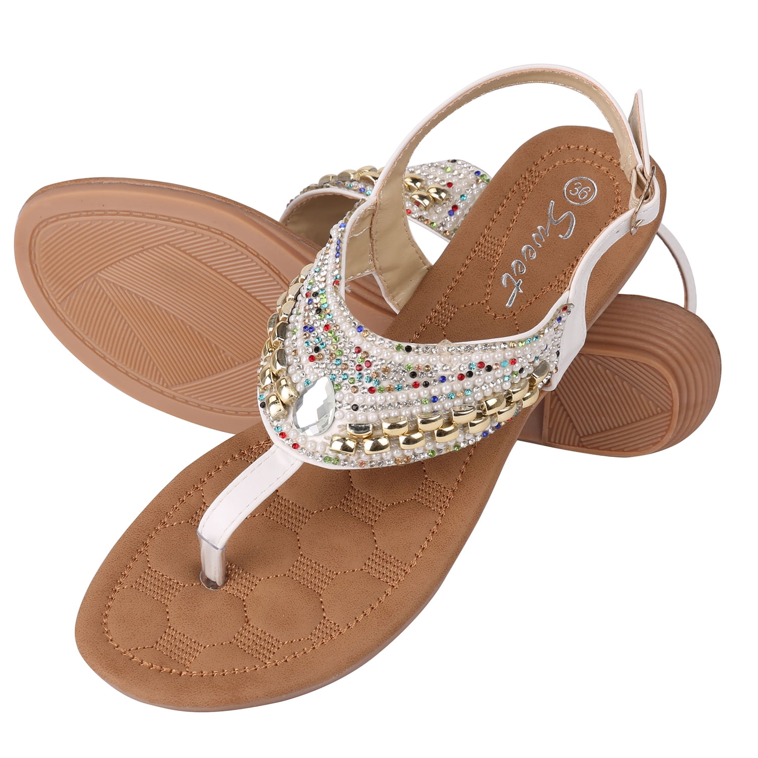 SheSole Rhinestone Flat Sandals for Women Summer T-Strap Slides Bohemian Glitter Jeweled Flip Flops Beach Wedding Shoes