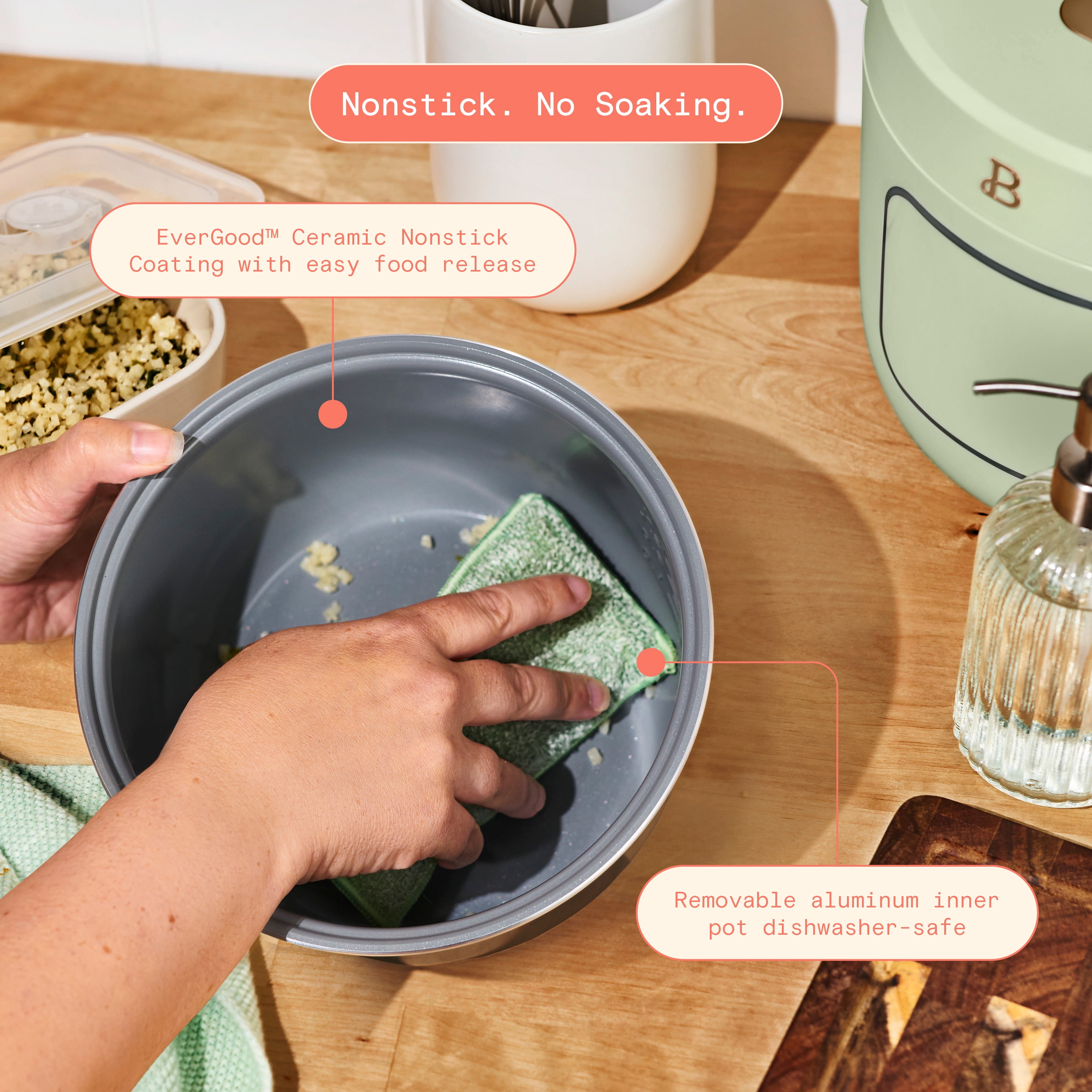 Beautiful 14-Cup Cooked, 6-Cups Uncooked Electric Rice and Grain Cooker, EverGood™ Ceramic Nonstick Coating, Sage Green by Drew Barrymore
