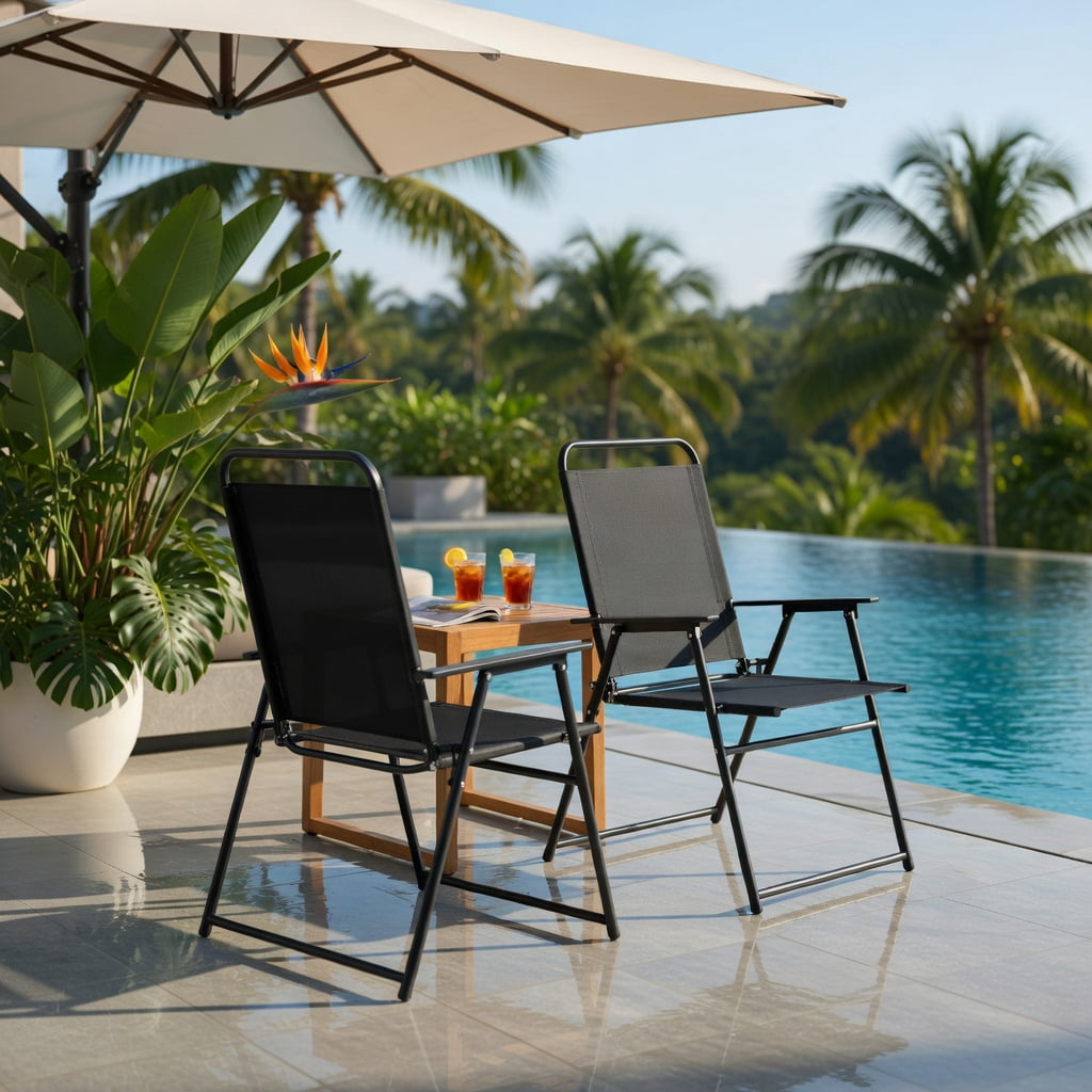 Hommoo 4-Piece Outdoor Folding Sling Chairs Set, Heavy-Duty Steel Frame, Ergonomic Armrests & Quick-Dry Fabric, Black