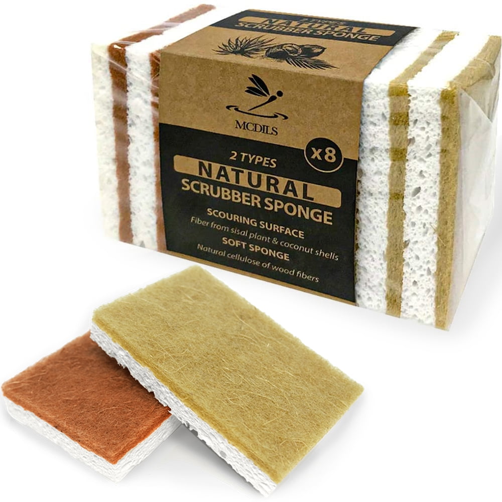 3 PACK/6 UNITS Green & Biodegradable Plant Based Italian Made Natural Eco-Friendly Plant Based none-scratch Double Sided Kitchen & Dish Scrub Sponge Natural Cellulose Sponge & Plant Fiber 