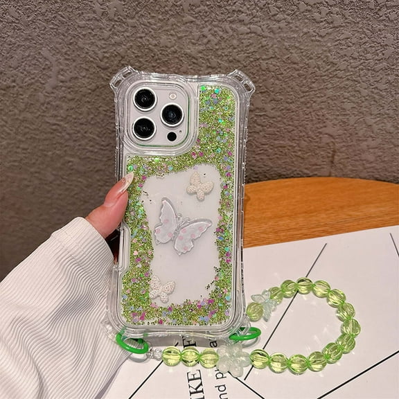Compatible with iPhone 13 Pro Clear Phone Case,Back 3D Butterfly,With Beading Wrist Strap,3-in-1 Heavy Duty Shockproof Anti-Drop Bling Sparkle Colorful Glitter Transparent Phone Case,Green