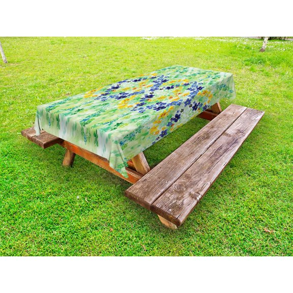 Watercolor Flower Outdoor Tablecloth, Orderly Symmetric Interlace Japanese Inspired Garden Flowers Hand Drawn, Decorative Washable Fabric Picnic Tablecloth, 58 X 120 Inches, Green Blue, by Ambesonne