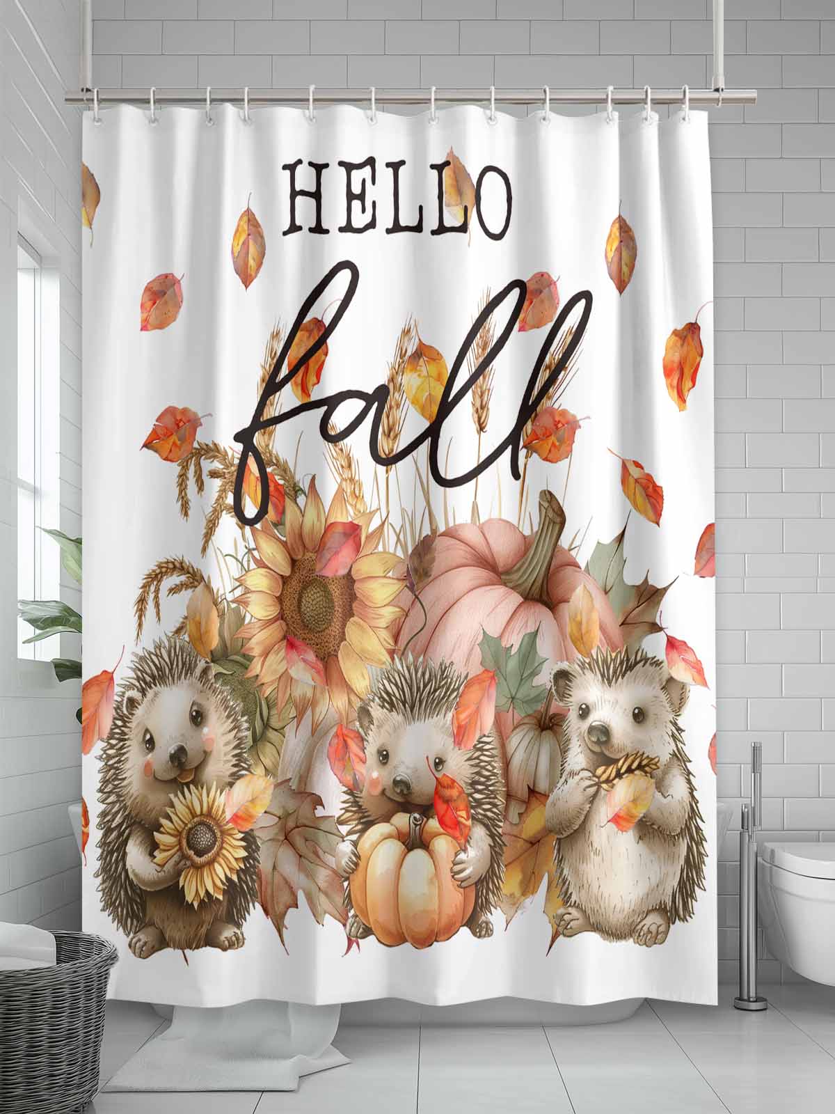 Hello Fall Shower Curtain Set, Waterproof Shower Curtains for Bathroom, Hedgehog Pumpkins Maple Leaf Washable Fabric Cloth Bath Curtain for Bathtub Decoration with Hooks 72x78 Inches