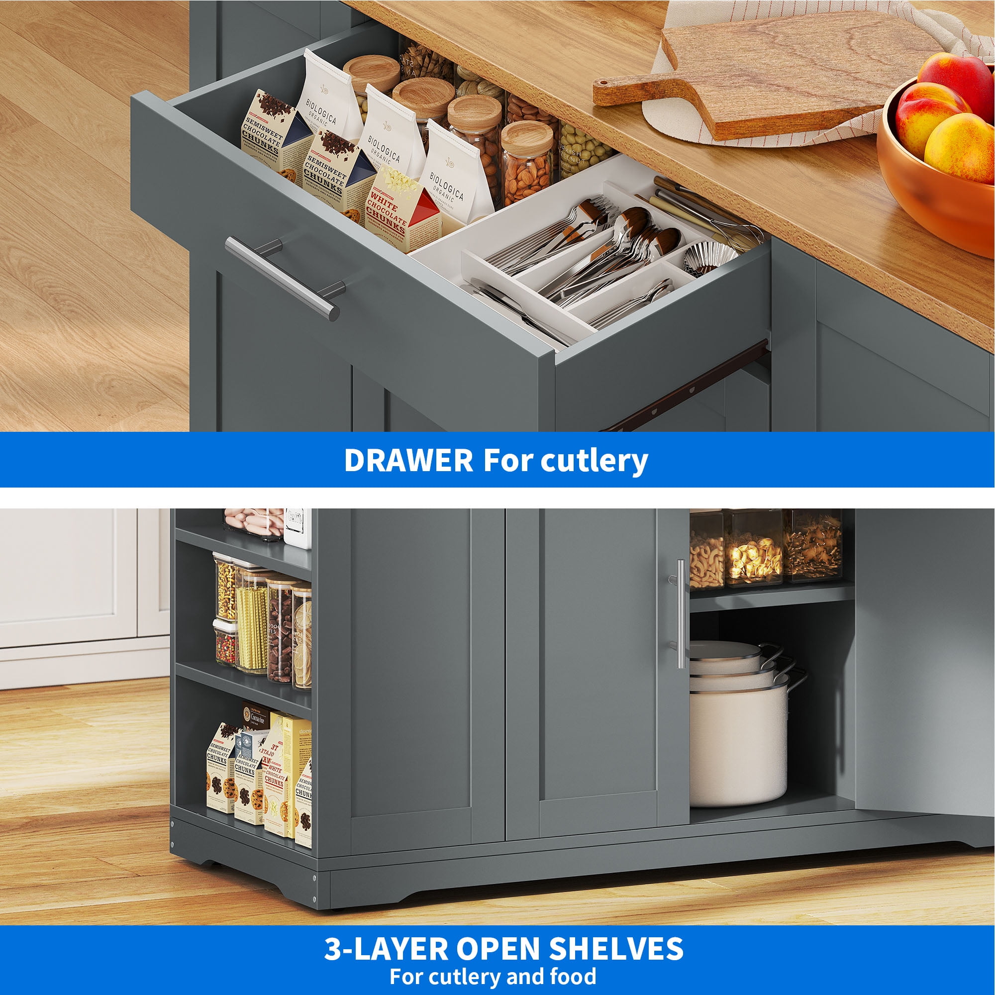 Uforic Rolling Kitchen Island with Wheels & Drawers, Kitchen Storage Cart with Storage Cabinet for 13-Gallon Trash Bin, Gray