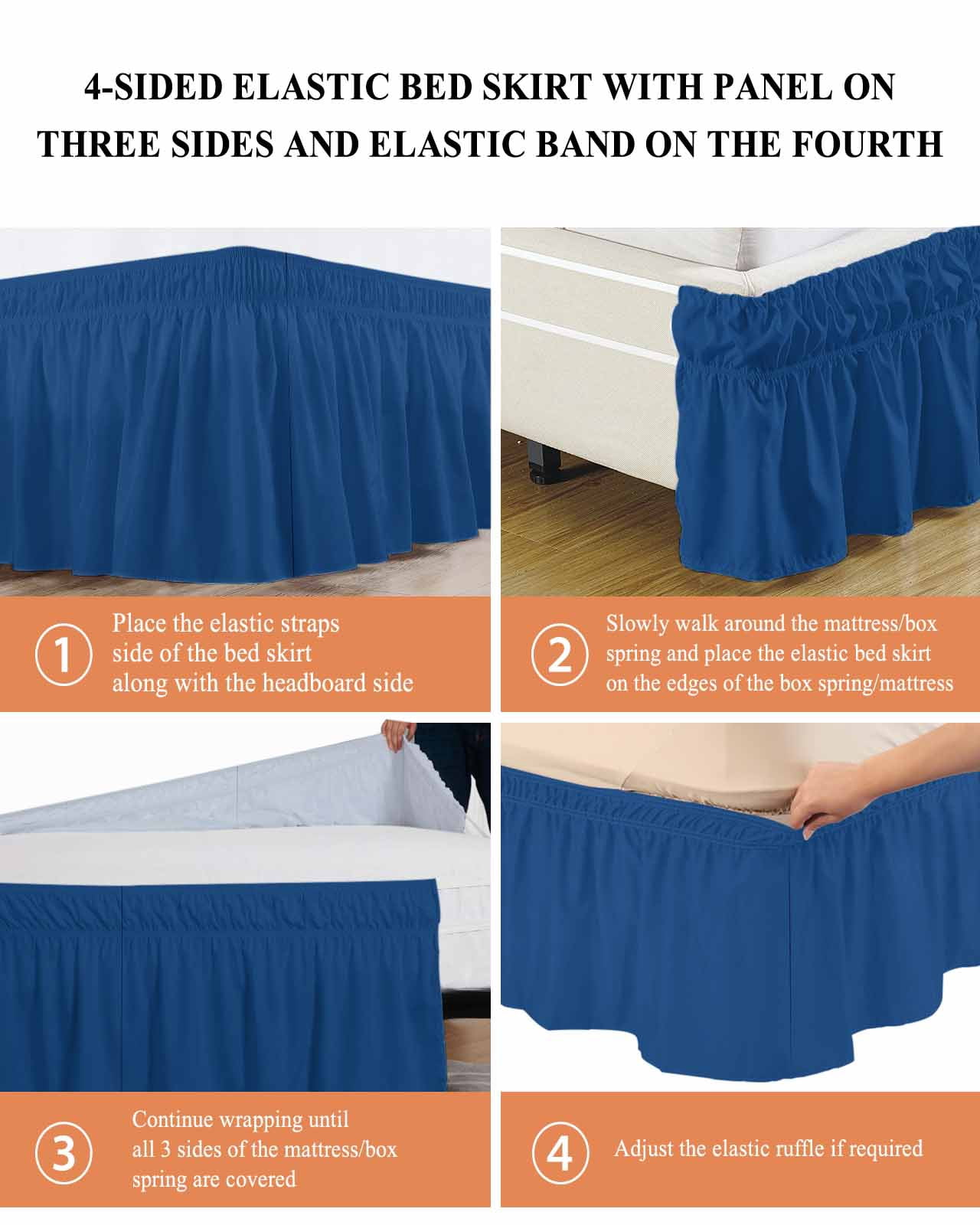 Pure Navy Blue Wrap Around Bed Skirts for Queen Bed 16" Drop, Bed Skirt with Adjustable Elastic Belt Dust Ruffle Bed Valance for Bedroom Hotel Luxury Simple Solid Color Bed Frame Cover