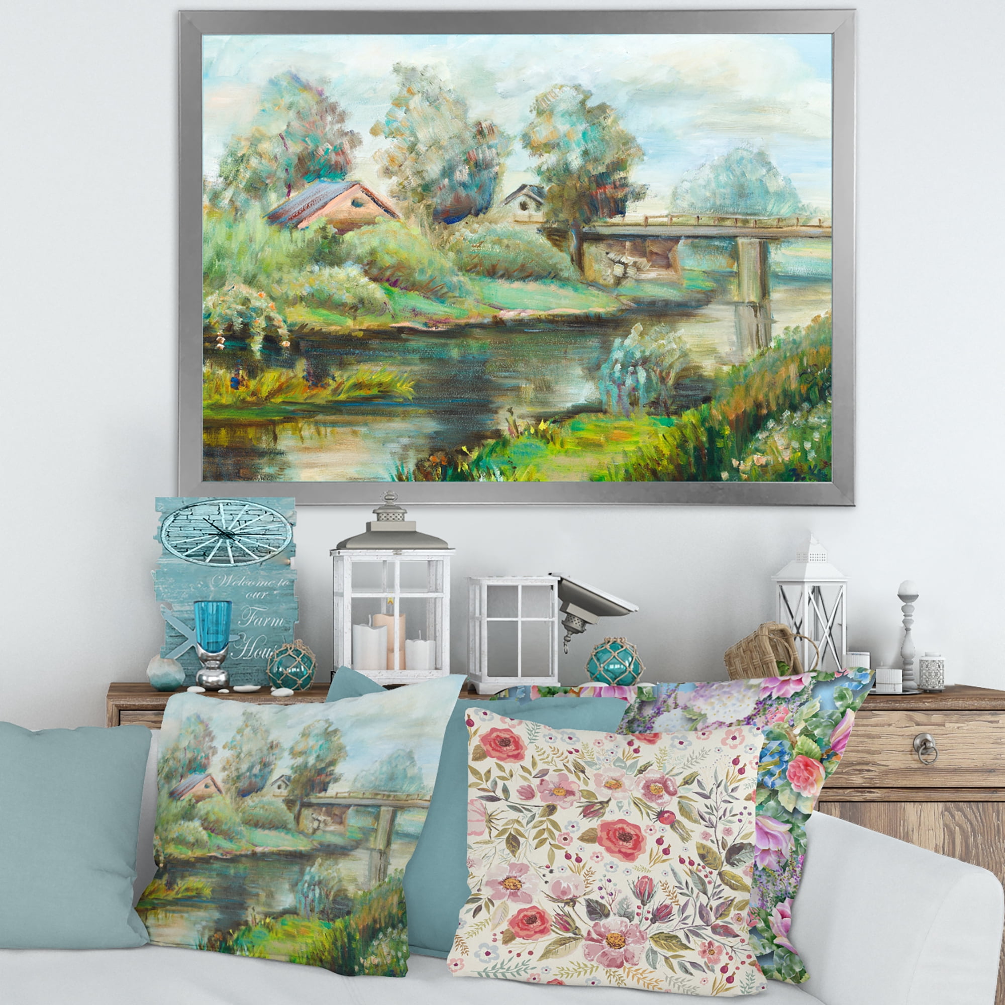 Designart 'Rustic Landscape With Bridge On The River' Lake House Framed Art Print
