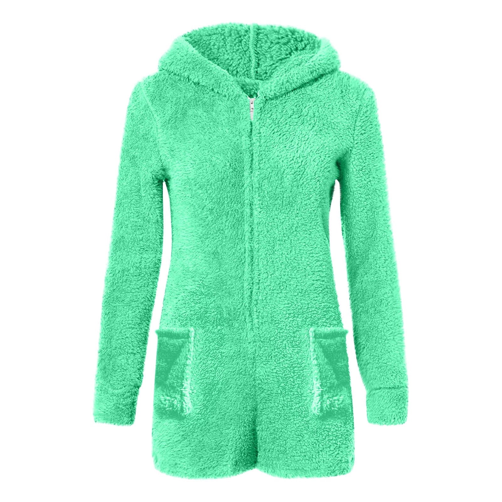Womens Long Sleeve Onesies Pajamas Fuzzy Zip-Up Hooded Romper Warm Short Playsuit Jumpsuit Fleece Sherpa Sleepwear Green, XL