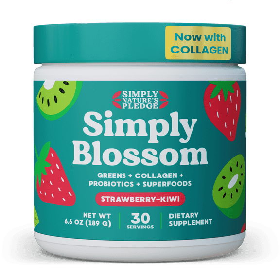 Simply Blossom Daily Greens & Superfood Powder with Collagen and Probiotics, Strawberry Kiwi, 30 Servings