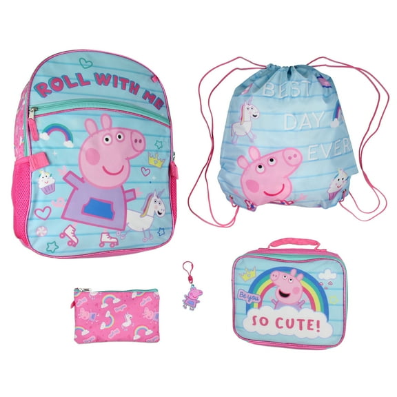 Peppa Pig Backpack Kids School Travel Backpack Set With Lunch Box, Drawstring Bag, Pencil Case, and Rubber Molded Keychain