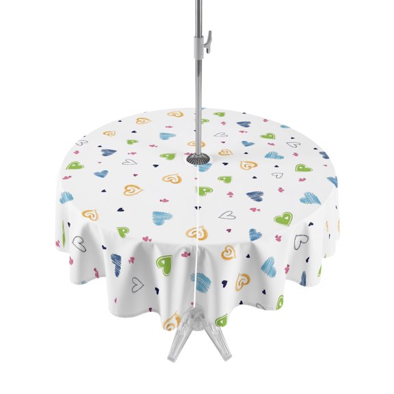 Outdoor Tablecloth with Umbrella Hole Zipper Blue Love Heart Round Tablecloth 54" Waterproof Outside Table Cloth Cartoon Cute Modern Art Patio Table Cover Tablecloths for Picnic Party