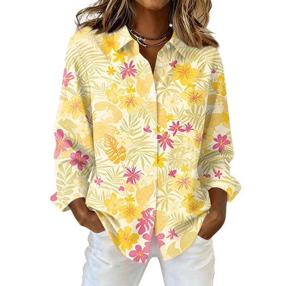 Long Sleeve Collar Shirt for Women Casual Button Down Hawaiian Style Dressy Fall Romantic Blouse