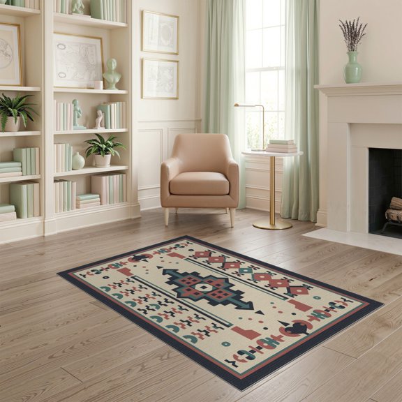 ODIKA 4'x6' Gray Teal Geometric Pattern Washable Area Rug Intricate Ink Multi Motif Design for Home Office, Under Desk, Non-Slip Chair-Friendly, Flatwoven