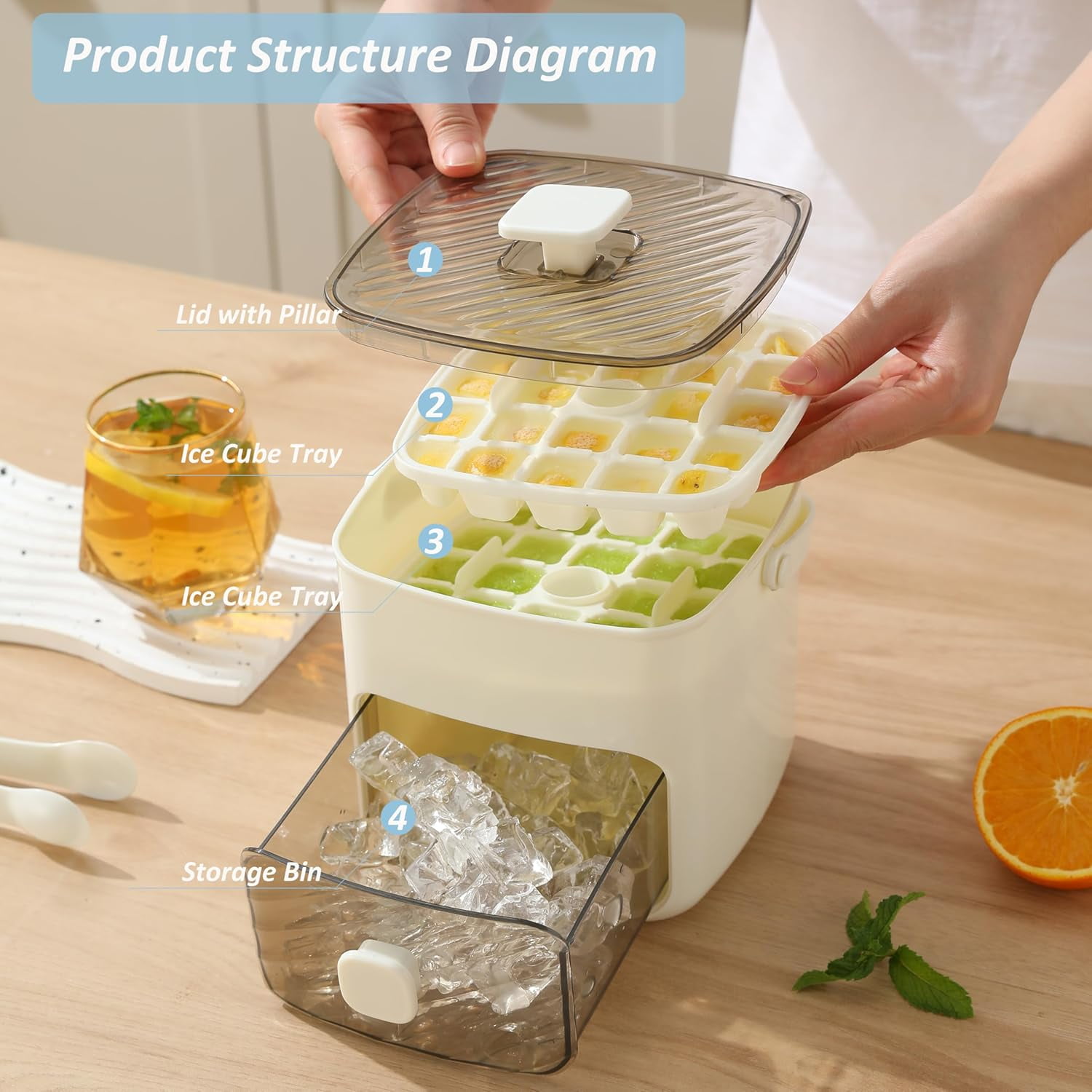 Ice Cube Tray with Lid and Bin, Ice Trays for Freezer, Flexible Ice Cube Trays,2 Pack for Freezer, 48 Pcs Ice Cube Mold with Ice Scoop for Personal Use in Whiskey, Cocktail, Coffee and DIY(White)