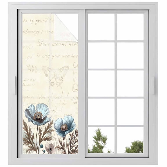 Vintage Flowers Window Privacy Film, Teal Blue Floral Brown Butterfly Leaf Static Cling UV Sun Blocking Heat Control Window Tint Day and Night, Non-Adhesive One Way Windows Privacy Cover 23.6''x59''