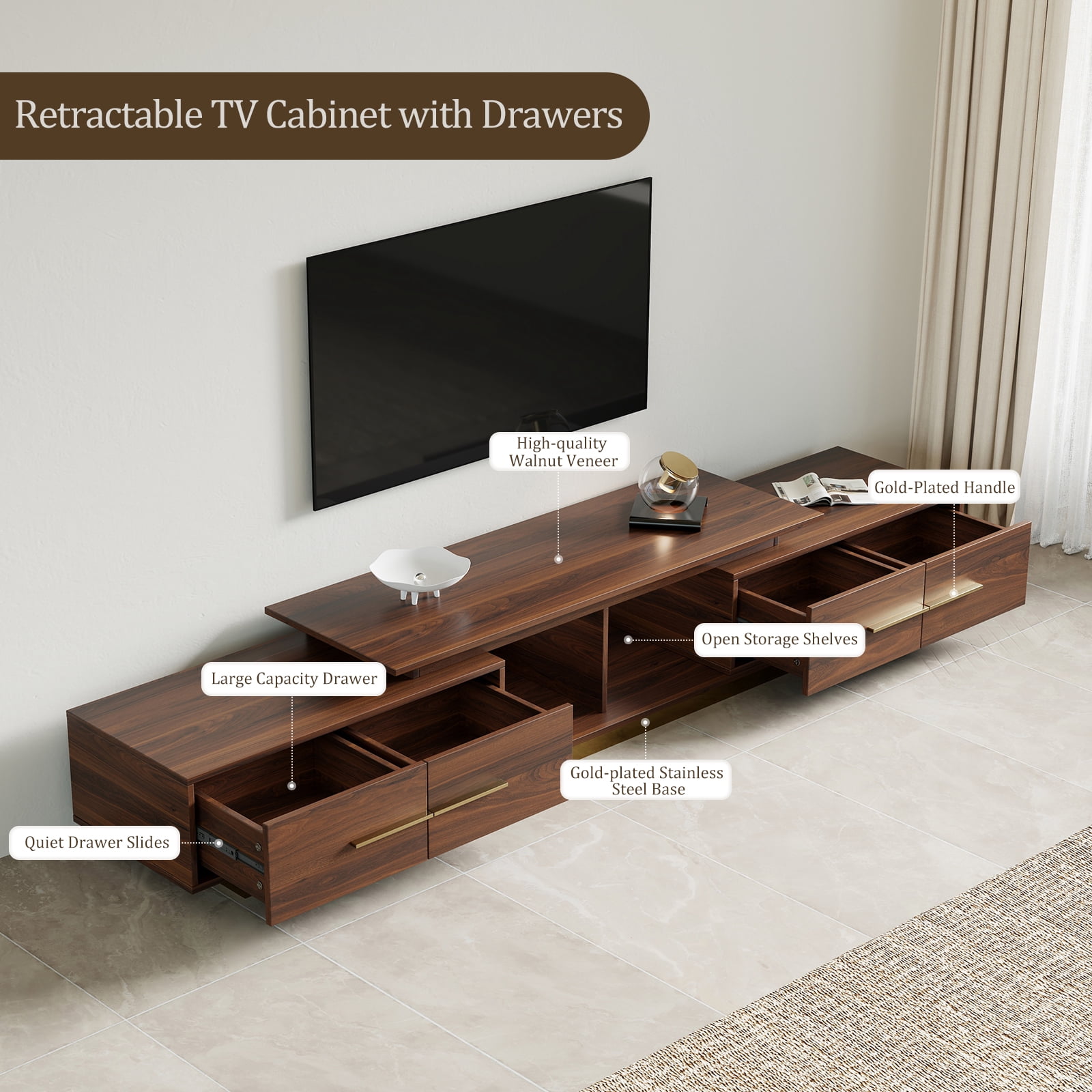 siu want Extendable TV Stand for 55-100 inch TVs, Modern TV Console with 4 Drawers, Walnut Entertainment Center for Living Room