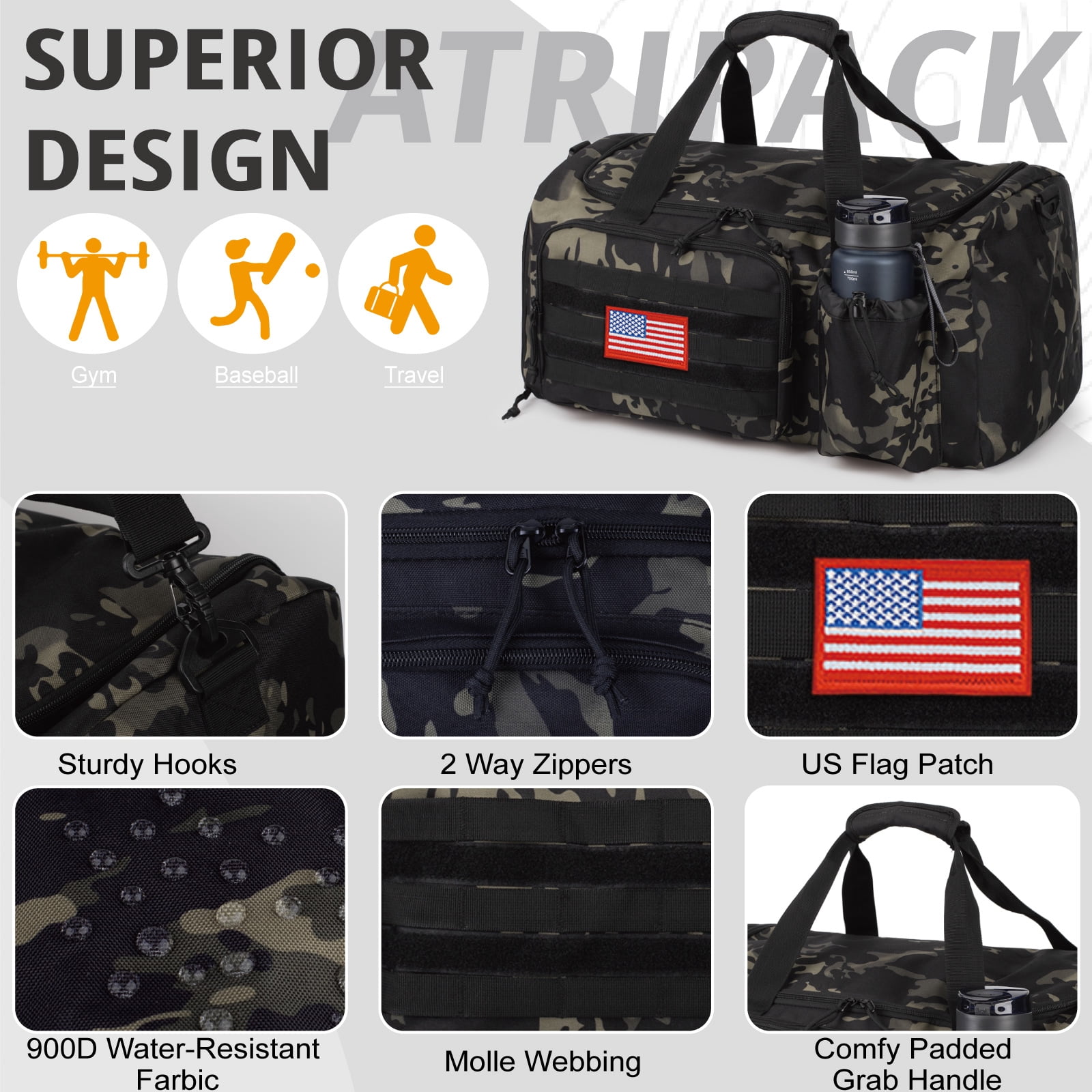 TRIPGEAR Large 40L 2-in-1 Convertible Sports Bag, Multi-functional Travel Duffle with Shoe Compartment for Daily Use
