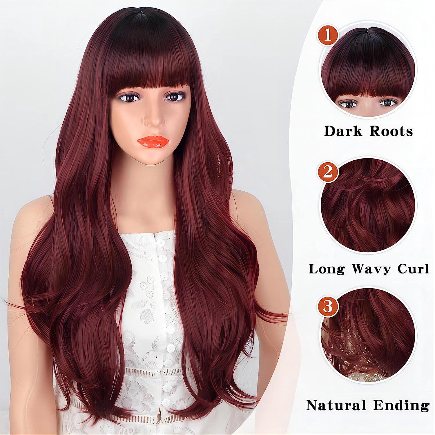 DOPI Red Wigs with Bangs, Wine Red Wigs for Women Long Wavy Wigs with Dark Roots Ombre Burgundy Wigs Natural Looking Synthetic Heat Resistant Fiber for Daily Party Use (26Inch)