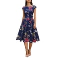 thumbnail image 2 of Xaqiouau Womens Floral Midi Dress Cap Sleeve Casual Summer A Line Dress Crew Neck Fit and Flare Belted Party Wedding Guest Dress, 2 of 9