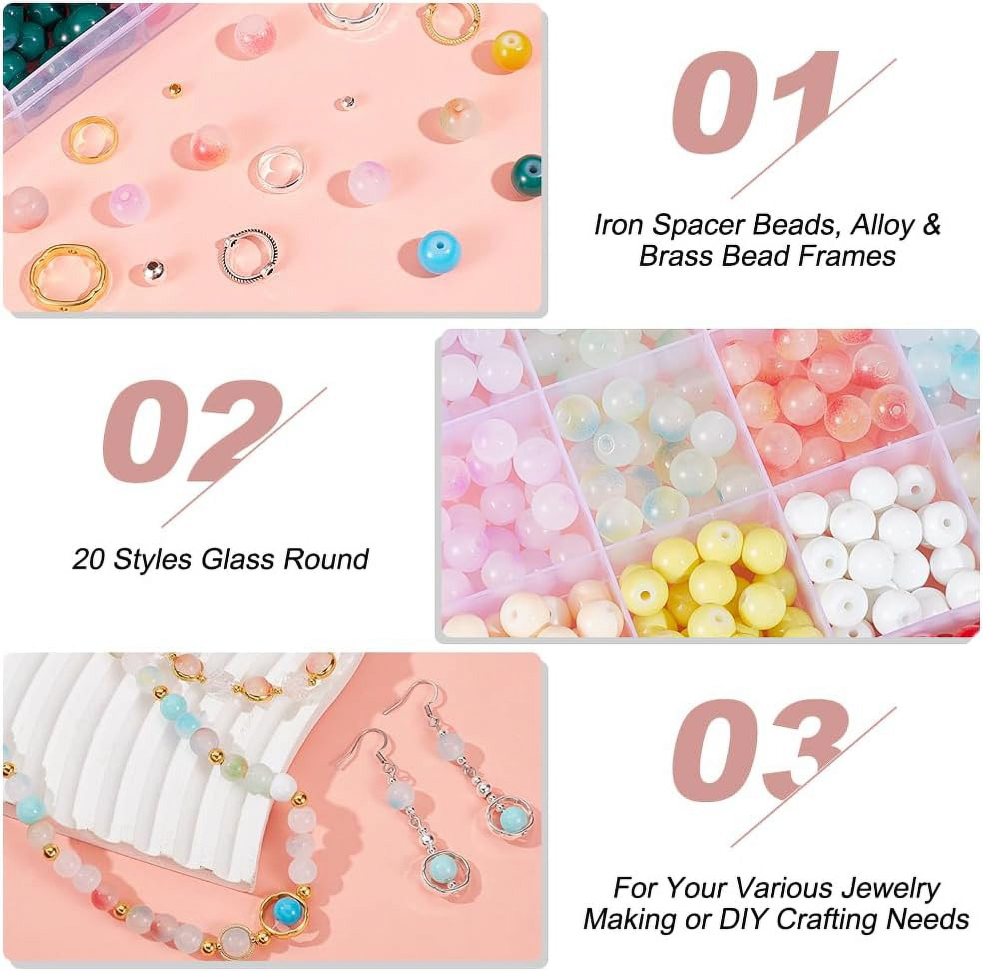 PH 860PCS Glass Beads for Jewelry Making 20 Colors 8mm Beads Bracelet Making Kit with Iron Spacer Beads and Alloy Bead Frame for DIY Beading Necklace Adults Beginners Colorful