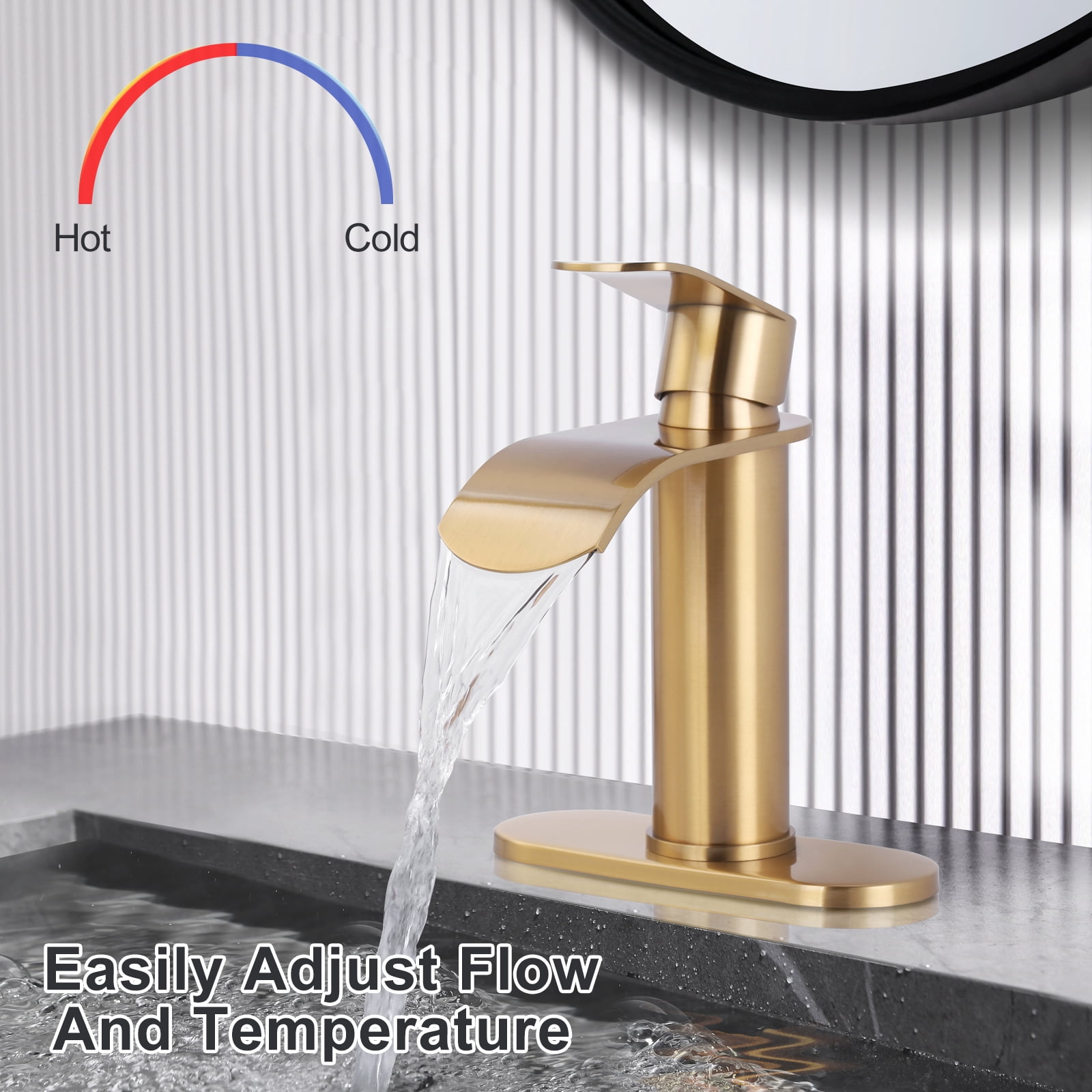 WOWOW Waterfall Bathroom Faucet, Gold Bathroom Sink Faucet for 1 Hole or 3 Holes, Single Handle Vanity Faucet with Metal Pop up Drain, Stainless Steel Basin Sink Faucet Tap for RV Lavatory