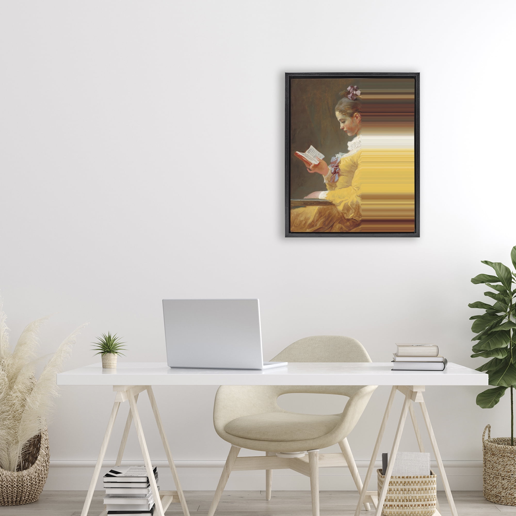 Vintage Lady Reading with Gradient Streaks Black Framed Floater Canvas Wall Art, design by Seven Trees Design