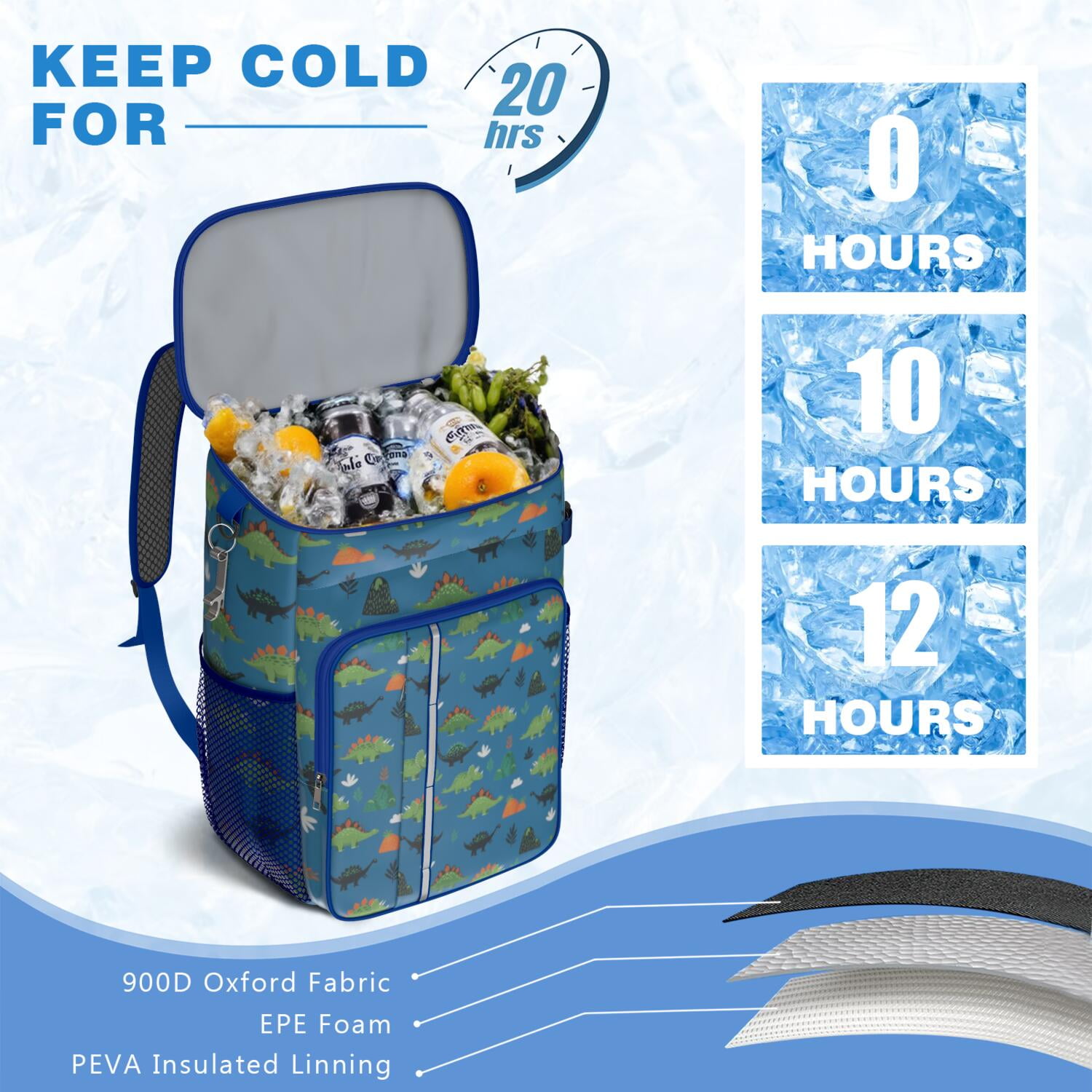 Travel Cooler Bag - Blue Cartoon Dinosaurs Mountains Pattern Camping Beer Cooler Backpack with Bottle Opener- Waterproof Insulated Picnic Backpacks - Cooler Bag for Beach
