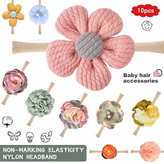 Dsseng 10PCS Baby Girls Headbands Soft Nylon Hairbands Elastics Flowers Hair Bows Handmade Hair Accessories-Super Soft & Stretchy Nylon Floral Hairbands for Newborn Infant Toddlers Kids