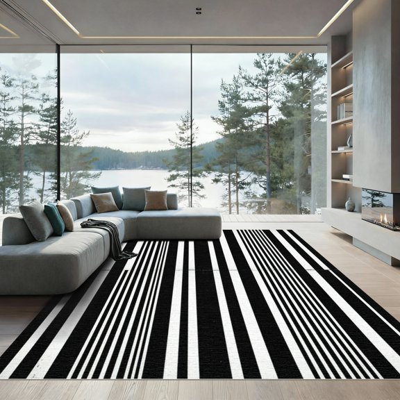 ODIKA 4' x 6' Machine Washable Non-Slip Area Rug, geometric striped High Traffic Rug, Black, 1249555