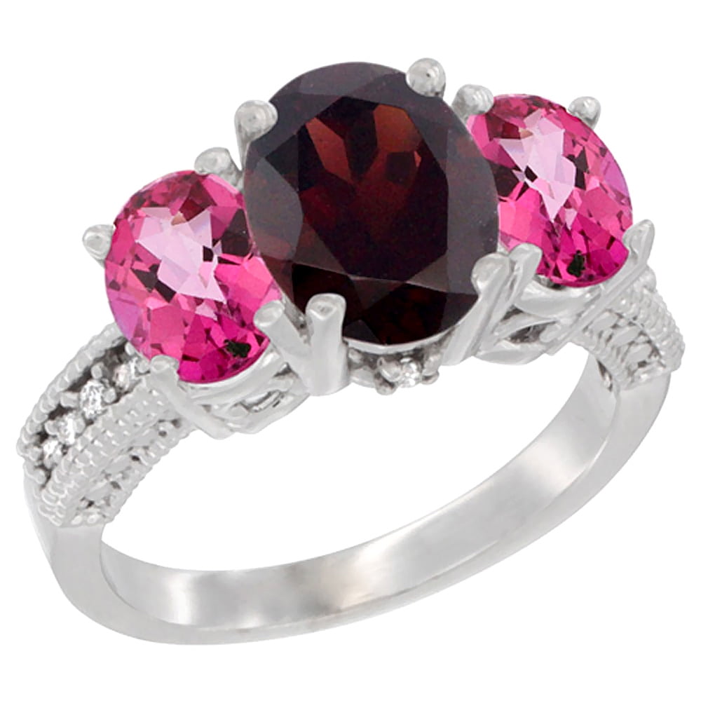 14K White Gold Diamond Natural Garnet Ring 3-Stone Oval 8x6mm with Pink Topaz, sizes5-10 by WorldJewels