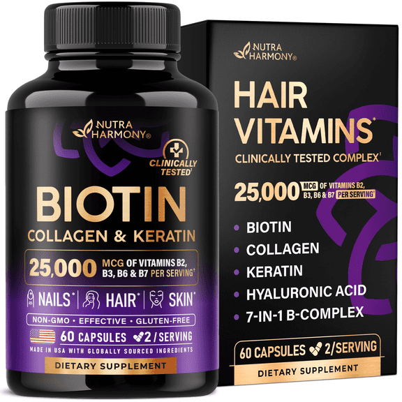 NUTRAHARMONY Biotin, Collagen, Hyaluronic Acid & Keratin - Hair Growth Support - 60 Caps