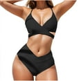 thumbnail image 2 of Fanxing Women's High Waisted Bikini Sets Two Piece Tummy Control Swimsuits 2025 Solid Ribbed Bathing Suits Black,S, 2 of 8