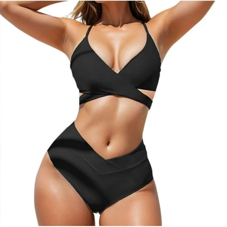 UTSJKR Two Piece Bikini Sets for Women High Waisted Swimwear Push Up Swimsuit Halter Wrap Criss Cross Back Tie Bathing Suit Black L