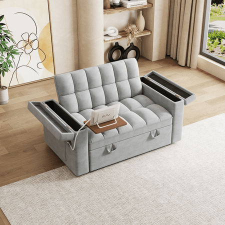 Lisonu 65" 3-in-1 Smart Sofa Bed with Hidden Desk & USB Port, Modern Velvet Loveseat Sleeper with Armrest Storage & Adjustable Back, Light Grey