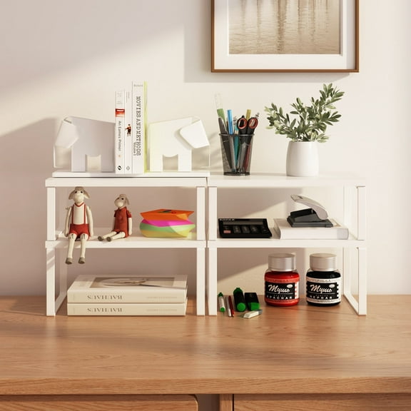 LENLN Cabinet Organizer Shelf, Set of 2 Kitchen Counter Shelves, Kitchen Storage, Spice Rack, Stackable, Expandable, Metal and Engineered Wood, White,Black