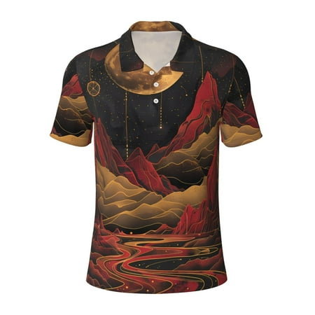 Cauagu Lunar Mountains Golden Rivers Print Men s Polo Shirts Short-Sleeve Polo Shirts for Men Performance Golf Shirt Athletic Casual Collared T-Shirt-Medium