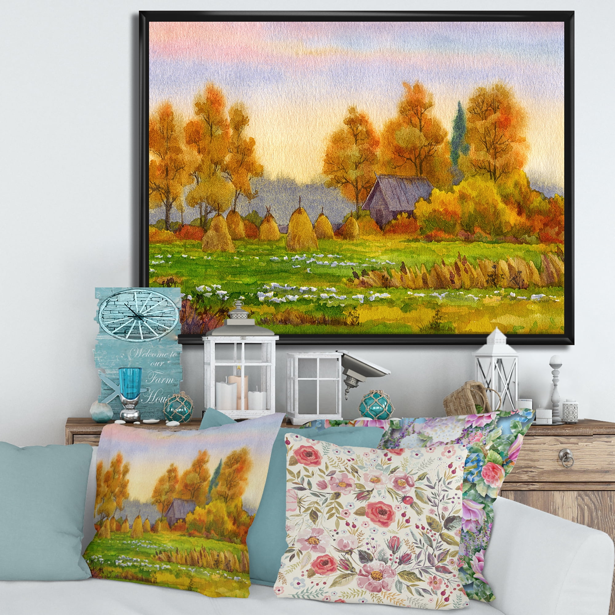 Orange Fields With Haystacks I 20 in x 12 in Framed Painting Canvas Art Print, by Designart
