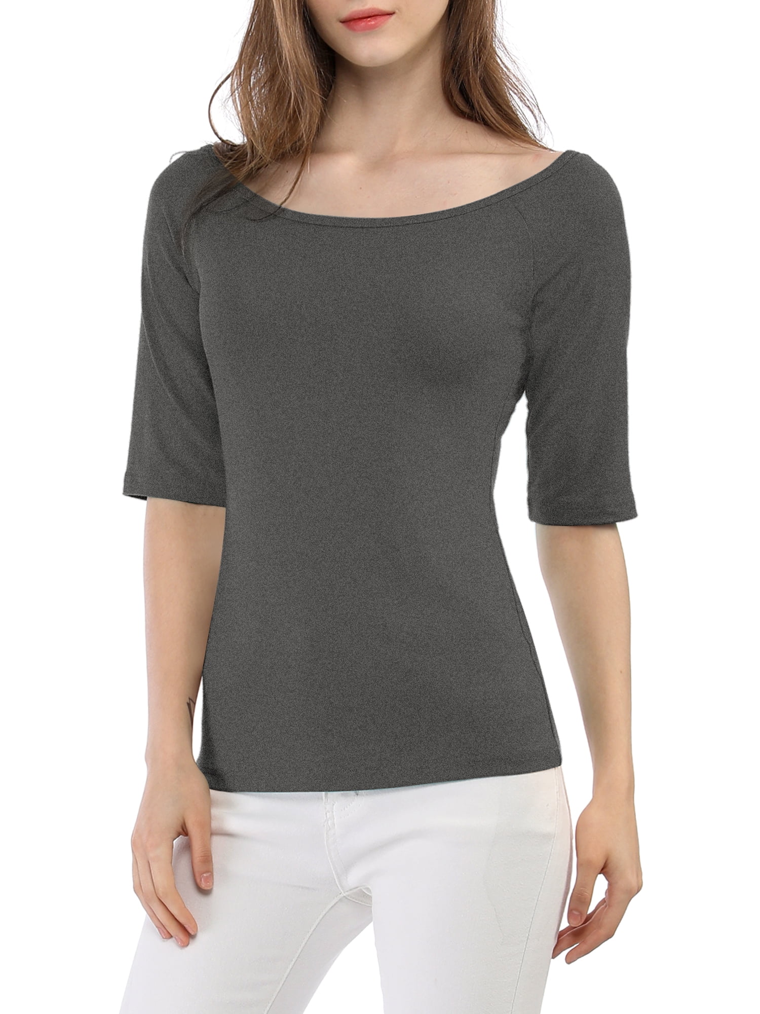 DARING DIVA Women's Slim Fit Pullover Boat Neck Stretchable T-Shirt M Dark Gray