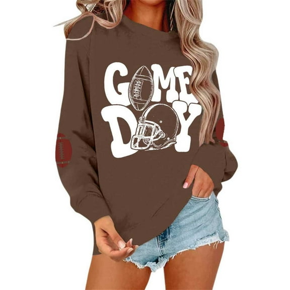 WEIWEN Game Day Sweatshirt Women Oversized Football Sweatshirts for Women Fall Sweaters Crewneck Long Sleeve Baseball Mama Shirt Women's Clothing Coffee, S