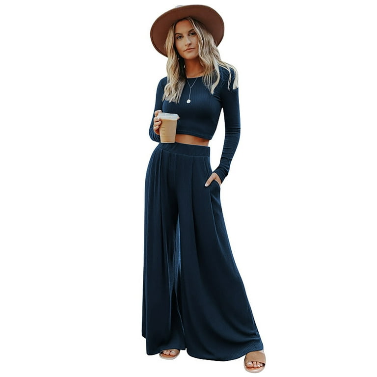 QYZEU Womens Winter Tops Wide Leg Rompers for Women Women'S Solid Color  High Elastic Shaping Long Sleeve Wide Leg Pants Two Piece Trousers Set 