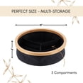 thumbnail image 3 of Round Foldable Storage Basket with Bamboo Frame and Black Fabric, 3-Compartment Organizer for Home and Office, Ideal for Bathroom Accessories, 12x12x4 inches, Set of 1, 3 of 8