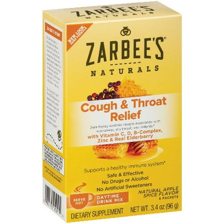 Zarbee's Naturals Cough & Throat Relief Daytime Drink Mix with Vitamin C, D, B-Complex, Zinc & Real Elderberry, Natural Apple Spice Flavor, 6