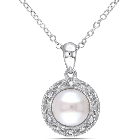 Everly Women's 7.5mm Cultured Pearl and .03CT TW Diamond Sterling Silver Pendant