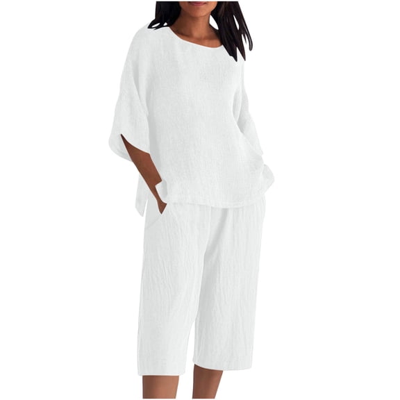 HBGVBA Women's Summer Matching Set,2 Piece Plus Size Casual Outfits,Linen Solid Color Crew Neck 3/4 Sleeve Top Elastic Waist 3/4 Length Pants Outfit Set