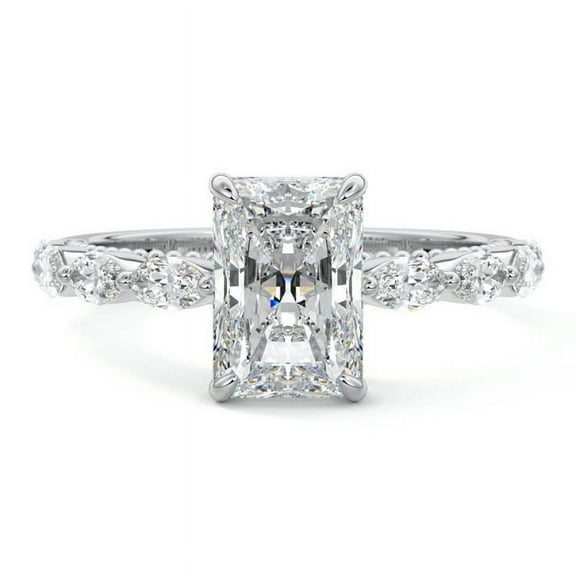 Golden Jewelry 14K White Gold Plated Engagement Ring for Women's - 2 Ct Radiant Cut Moissanite Anniversary Ring - Solitaire With Accents Wedding Ring - Wedding Anniversary Gifts for Her