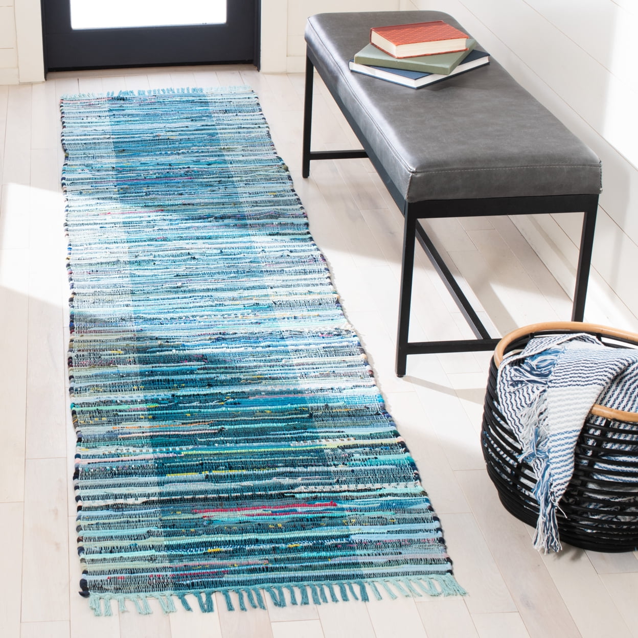 SAFAVIEH Rag Romeo Striped Fringe Cotton Area Rug, Light Blue/Grey, 6' x 9'