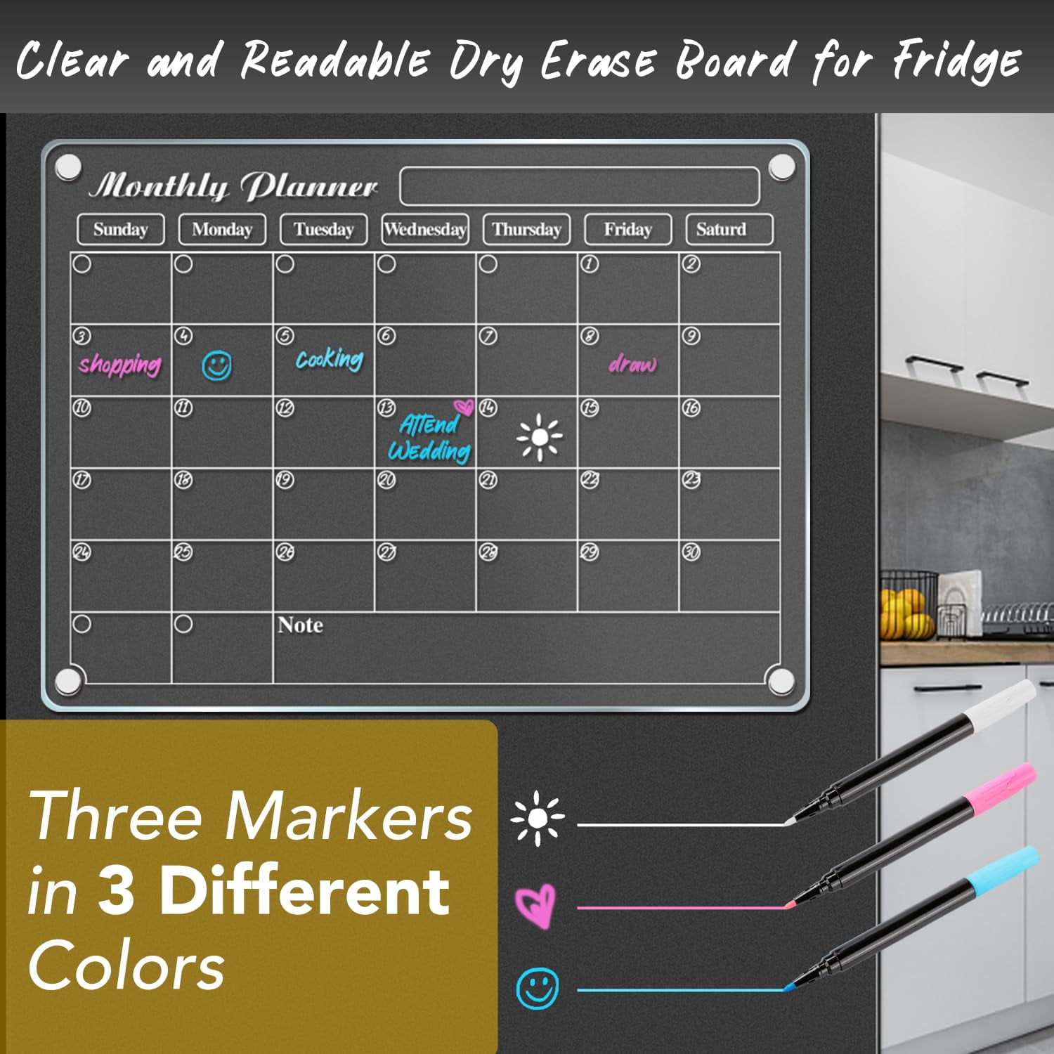 DIYMAG 4 Pack Magnetic Calendar for Fridge, Clear Acrylic Dry Erase Magnetic Refrigerator Whiteboard with 6 Highlight, To-Do List/Planner/Memo Board/Calendar for Refrigerator